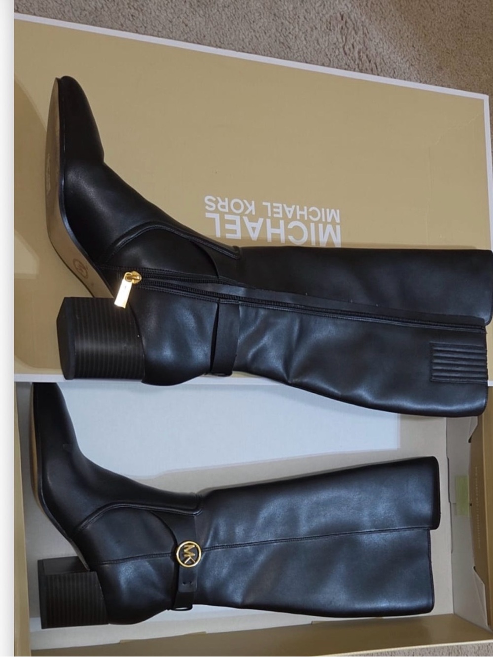 Michael Kors Knee High Boots Black Gold Logo Block Heel Sz 8M with Box - Picture 3 of 6